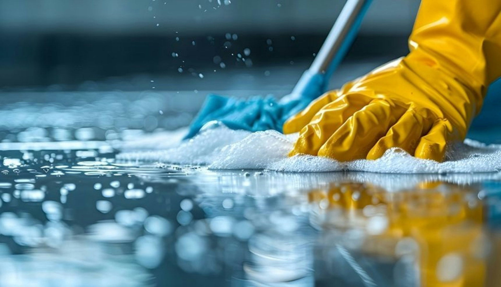 Mop gliding across a wet, freshly cleaned floor